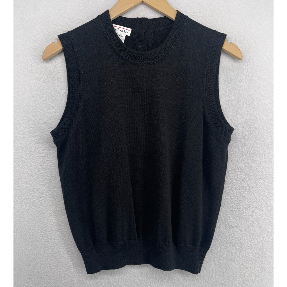 TALBOTS Sweater L Rayon Cotton Vest Jumper Round Neck Pullover Black VTG HK